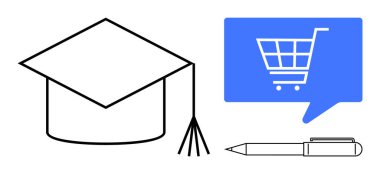 Mezuniyet şapkası, mavi bir konuşma balonunda alışveriş arabası ve kalem. Çevrimiçi eğitim, e-ticaret entegrasyonu, dijital öğrenme, mezuniyet satışları, eğitim alışverişi, e-öğrenme araçları için ideal