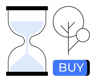 Kum saati, sadeleştirilmiş ağaç ve mavi satın alma düğmesi. Zaman yönetimi, büyüme, çevrimiçi alışveriş, minimalizm, doğa, e-ticaret ve sürdürülebilirlik temaları için ideal. Satır metaforu