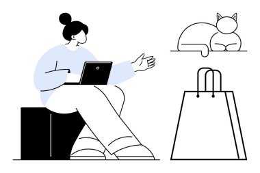 Bir elinde dizüstü bilgisayar olan, dinlenen bir kedi ve alışveriş çantasının yanında oturan bir kadın. E-ticaret, online alışveriş, ev işi, evcil hayvan bakımı, dijital iletişim, yaşam tarzı için ideal