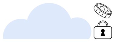 Bozuk para ve kilidin altındaki büyük mavi bulut. Bulut hesaplama, çevrimiçi güvenlik, veri koruması, mali işlemler, dijital bankacılık, siber güvenlik, internet güvenliği için ideal. Satır metaforu