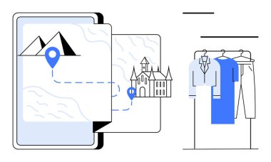 Digital tablet displaying mountain and castle locations on a map with location pins, next to a clothing rack with hanging shirts and pants. Ideal for travel planning, fashion, lifestyle, tourism clipart