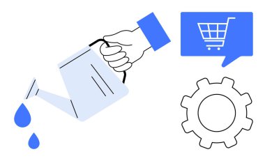 Sulama kabıyla el suları, düşen damlalar. Konuşma balonunda mavi alışveriş arabası ikonu. Siyah dişli simgesi. E-ticaret, iş büyümesi, yetiştirme, dijital pazarlama ve girişim geliştirme için ideal