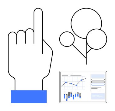 Yukarı bakan eller, daireli basit ağaç diyagramı ve grafik ve metin ile ekran. Veri görselleştirme, sunumlar, eğitim, teknoloji, iş stratejisi ve bilgi için ideal