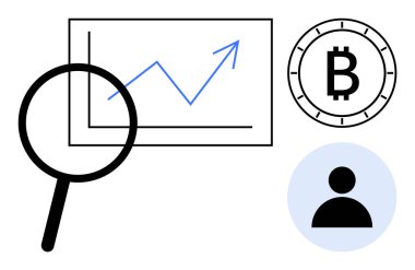 Yükselen finansal grafiği, Bitcoin sembolünü ve kullanıcı profilini vurgulayan büyüteç. Kripto para birimi analizi, mali büyüme, yatırım stratejileri, piyasa araştırmaları, veri analizi için ideal