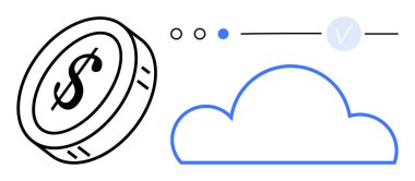 Bulut çizgisi ve bağlantı düğümlerinin yanında dolar işareti olan bozuk para. Dijital finans, bulut hesaplama, e-ticaret, fintech, çevrimiçi işlemler, ödeme sistemleri, finansal teknoloji için ideal. Çizgi