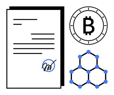 Finansal anlaşmalarda modern teknolojiyi temsil eden imzalı dijital sözleşme, Bitcoin sembolü ve engelleme ağı. Fintech, kripto para birimi, hukuki teknoloji, engelleme zinciri, dijital için ideal