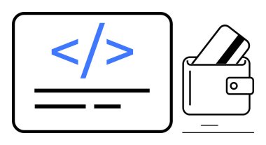 Cüzdan kartlarının yanındaki ekranda kodlama sembolleri olan kod kırıntısı. Dijital ödemeler, fintech, e-ticaret, web geliştirme, çevrimiçi güvenlik, yazılım araçları, mobil hizmetler için ideal. Çizgi