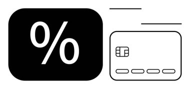 Üzerinde çip olan bir kredi kartının yanında siyah yüzde işareti var. Bankacılık, finans, faiz oranları, kredi kartları, krediler, ödemeler, alışveriş için ideal. Satır metaforu