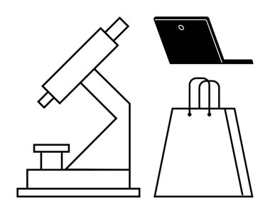 Bir laptop ve bir alışveriş çantasının yanında mikroskop. Eğitim, teknoloji, bilimsel araştırma, çevrimiçi alışveriş, e-ticaret, perakende ve akademik temalar için ideal. Satır metaforu