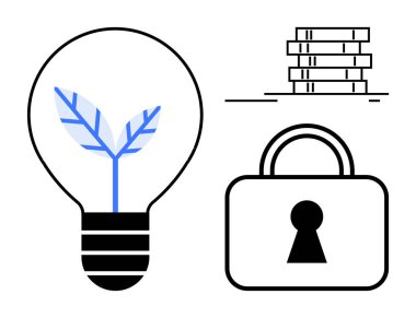 Yapraklı ampul yeniliği ve büyümeyi simgeler bilgi ve eğitimi temsil eden bir yığın kitap ve güvenlik için kilit. Teknoloji, bilim, eğitim, büyüme, güvenlik için ideal