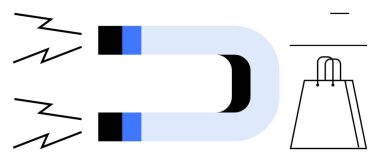 Mıknatıs, gücü temsil eden çizgilerle alışveriş torbasını çekiyor. Pazarlama, müşteri edinme, e-ticaret, perakende stratejisi, satış büyümesi, tüketici davranışı, marka sadakati için ideal. Satır metaforu