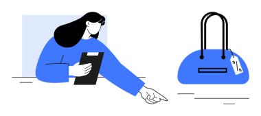 Elinde dosya olan bir kadın el çantasına bakıyor. Perakende analizi, moda pazarlaması, alışveriş davranış çalışmaları, müşteri hizmetleri eğitimi, ürün değerlendirmesi, görsel pazarlama, iş dünyası için ideal