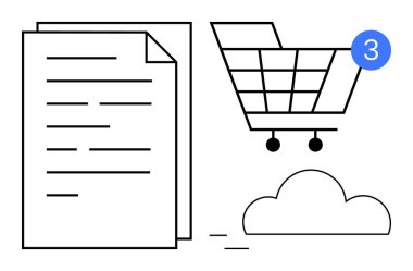 3 numarayı gösteren bir bildiri kartı, iki istiflenmiş belge ve bir bulut simgesi olan alışveriş arabası. E-ticaret, bulut depolama, çevrimiçi alışveriş, bildirimler, dosya yönetimi, dijital