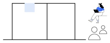 Mavi bluz giyen, dizüstü bilgisayarda çalışan, yapışkan notlarla dolu büyük bir cam bölmenin yanında oturan kişi. Köşede iki kişi ikonu var. Uzaktan çalışma, takım işbirliği, planlama, beyin fırtınası için ideal.