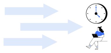 Saatin yanında dizüstü bilgisayar kullanan biri, sağı gösteren üç mavi ok, ilerleme ve zaman yönetimini gösteriyor. Üretkenlik, proje planlaması, teslim tarihleri, kişisel büyüme ve iş stratejisi için ideal