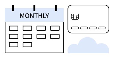 Takvim, aylık olarak bir kredi kartı ve bir bulut simgesiyle etiketlenmiş. Finans, bütçe, abonelik hizmetleri, çevrimiçi ödemeler, finansal planlama, dijital bankacılık, ödeme hatırlatmaları için idealdir. Çizgi
