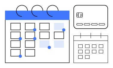 İşaretli tarihleri, kredi kartı ve küçük takvimi olan aylık duvar takvimi. Bütçeleme, programlama, hedef belirleme, zaman yönetimi, planlama etkinlikleri, mali izleme verimliliği için ideal