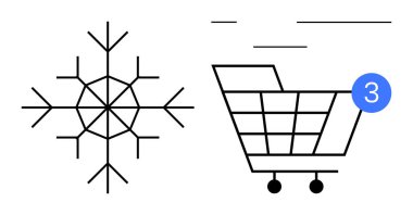 Alışveriş arabasının yanında bir kar tanesinin simgesi ve üç numarayı gösteren bir uyarı baloncuğu. Çevrimiçi alışveriş, e-ticaret, kış satışları, Noel promosyonları, tatil alışverişi, dijital