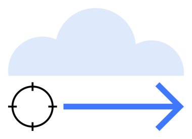 Bulut, ok ve hedef sembolü ile bulut hesaplama ve hedef başarısını temsil ediyor. Teknoloji, iş stratejisi, veri depolama, dijital dönüşüm, bulut hizmetleri, hedef belirleme için ideal