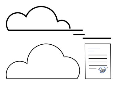 İmzalı bir belgeye bağlı iki bulut simgesi. Bulut hesaplama, dijital imzalar, veri depolama, belge yönetimi, çevrimiçi güvenlik, iş işlemleri, uzaktan çalışma için ideal. Satır metaforu