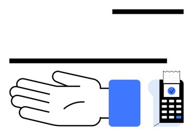 Modern ödeme terminalinden kontrol işareti ve kağıt makbuzu olan bir makbuz bekliyor. Finans, iş, nakitsiz işlemler, ödemeler, teknoloji, ticaret, basitlik için ideal. Çizgi