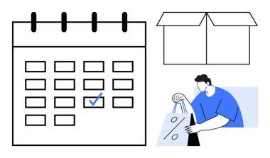 İşaretli tarihli takvim, paket kutusu ve indirim simgesi olan alışveriş torbaları tutan kişi. E-ticaret, promosyonlar, perakende planlama, satış etkinlikleri, dağıtım takvimi, pazarlama için ideal