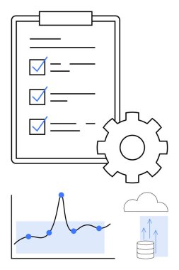 Kontrol listesi Cogwheel grafik bulut depolaması organizasyonu, verimliliği, veri analizini, bulut hesaplamasını, yeniliği, verimliliği, teknolojiyi sembolize eder. Üretim ipuçları ve proje yönetimi için ideal