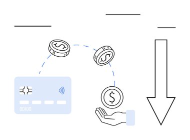 Kredi kartı, bozuk paraları aşağı doğru ok ile işaretlenmiş açık bir ele aktarır. Finansal işlemler için ideal, çevrimiçi ödeme, e-ticaret, bankacılık, dijital cüzdanlar, nakitsiz toplum, para birimi
