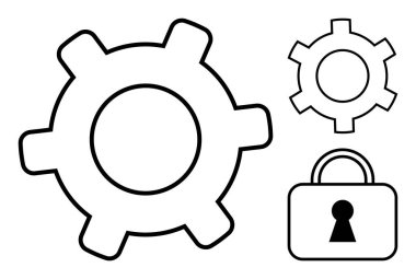 İki vites ve anahtar deliği simgesine sahip bir asma kilit takım çalışması, güvenlik ve teknolojik verimliliği vurgular. Temalar için ideal mekanik, güvenlik, verimlilik, yenilik, siber koruma