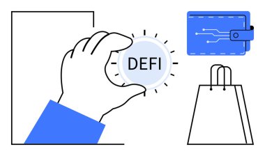 Elinde DEFI etiketli bir madeni para, yanında dijital cüzdan simgesi ve bir alışveriş çantası var. Finans, kripto para birimi, blok zinciri, çevrimiçi alışveriş, dijital işlemler, fintech ve yatırım için ideal