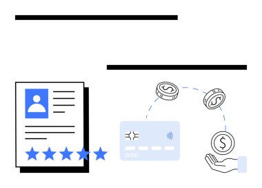 5 yıldızlı profil belgesi, kredi kartı ikonu ve para transfer ediliyor. Finans, bankacılık, çevrimiçi ödemeler, kredi notu, e-ticaret, istihdam kalitesi için ideal