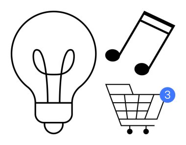Ampul, müzik notası ve alışveriş arabası. Yenilikçiliği, yaratıcılığı ve ticareti simgeliyor. İş stratejileri, yaratıcı endüstriler, e-ticaret bildirimleri için ideal.