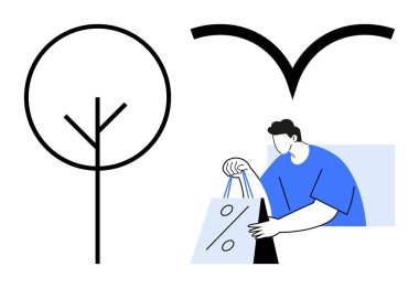 Yüzdelik işaretli alışveriş torbaları taşıyan bir adam, minimalist ağaç temsilcisi, yukarıda uçan bir kuş. Perakende satış, çevre dostu alışveriş, doğa, pazarlama, satış indirimleri yaşam tarzı için idealdir. Çizgi