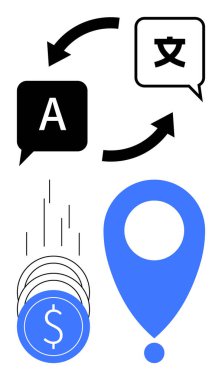 Harfleri ve karakterleri olan konuşma baloncukları, bozuk paralar ve bir harita rozeti. Dil hizmetleri, döviz kuru, seyahat uygulamaları, navigasyon, finansal araçlar, küresel iletişim için ideal