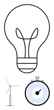 Ampul rüzgar türbini ve kronometre yenilenebilir enerji zaman verimliliğini, çevre dostluğunu, yeniliği, sürdürülebilirliği, teknolojiyi, verimliliği vurguluyor. Enerji, çevre ve yenilik için ideal