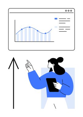 Tabletli kadın yukarı doğru eğilimli grafiği gösteriyor. Büyüme oku başarıyı vurgular. İş analizi, pazarlama, veri sunumu, büyüme stratejisi, eğitim, eğitim, performans için ideal