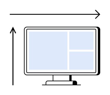 Bilgisayar monitörü arayüz düzeni ve boyutları gösteren oklar. Teknoloji tasarımı için ideal, UI geliştirme, dijital arayüzler, ölçüm, navigasyon, modern teknoloji, planlama. Çizgi