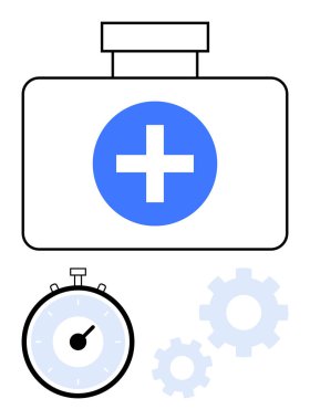 Mavi bir kronometresi ve vitesi olan ilk yardım çantası. Sağlık, zaman yönetimi, kesinlik, tıbbi acil durumlar, iş akışı, tedavi süreçleri ve verimlilik için idealdir. Satır metaforu