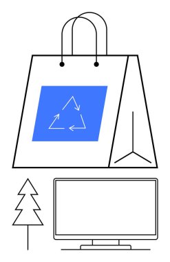 Geri dönüşüm sembollü alışveriş torbası, küçük çam ağacı ve e-ticareti öneren bilgisayar monitörü. Sürdürülebilirlik, çevre dostu ürünler, çevrimiçi alışveriş, geri dönüşüm, çevre bilinci için ideal