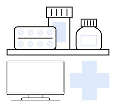 İlaç şişeleri, raflardaki su toplamaları bilgisayar monitörleri, mavi haç sembolleri gibi tıbbi malzemeler. Sağlık, teletıp, eczane, tıbbi danışmanlık, çevrimiçi danışmanlık, sağlık için ideal