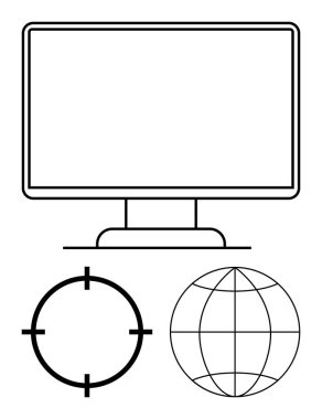 Hedef rezonans ve küre sembollü bilgisayar monitörü. Teknoloji, internet, bağlantı, küresel iletişim, çevrimiçi hizmetler, navigasyon ve bilgisayar grafikleri için ideal. Satır metaforu