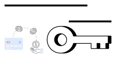 Anahtar, madeni paralarla el ve finans, güvenlik ve dijital işlemleri temsil eden kredi kartı. Finans, bankacılık, güvenlik e-ticaret ödeme çözümleri yatırım dijital cüzdanları için idealdir. Çizgi