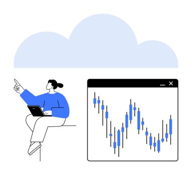 Elinde dizüstü bilgisayarla oturan kişi, üzerinde büyük bir bulut bulunan pencere arayüzündeki şamdan tablosuna bakıyor. Finans, teknoloji, veri analizi, yatırımlar, bulut hesaplaması, uzaktan kumanda için ideal