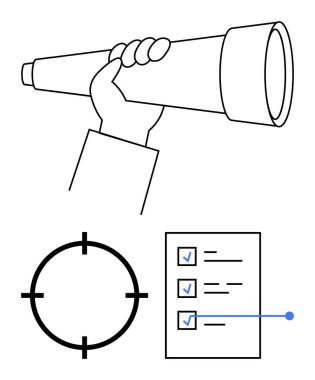 Elinde bir teleskop, bir hedef sembolü mavi işaretli bir kontrol listesi var. Stratejik planlama, hedef belirleme, vizyon, hedef başarısı, iş hedefleri proje yönetimi için idealdir. Çizgi