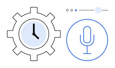 Ses kontrolünü temsil eden bir mikrofonun yanında zaman yönetimini sembolize eden bir dişlinin içindeki saat. Üretkenlik uygulamaları, zamanlama araçları, dijital arayüzler, akıllı asistanlar, otomasyon, modern