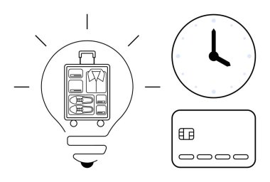 Ampul, saat ve kredi kartının içinde. Seyahat tavsiyeleri, akıllı paketleme, zaman yönetimi, bütçe planlaması, verimlilik seyahat ilham kaynağı için idealdir. Satır metaforu