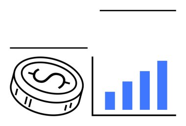 Dolar işareti ve mavi çizgili bozuk para yüksekliği artıyor. Mali büyüme, ticari başarı, ekonomik kalkınma, yatırımlar, pazar analizi, mali planlama, kurumsal strateji için ideal