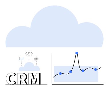 Veri satırlı CRM metin simgeleri ve grafikleri. Bulut hesaplama, iş analizi, CRM, veri yönetimi, teknoloji, yenilik ve verimlilik için ideal. Satır metaforu