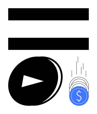 Siyah çemberde çalma tuşu, eşit barlarda istiflenmiş, dolar sembollü mavi paralar. Dijital ödemeler, çevrimiçi işlemler, kripto para birimi, video içeriği, finans teknolojisi için ideal