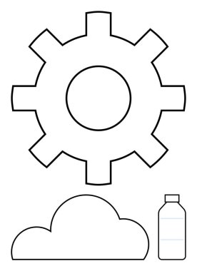 Yuvarlak merkezi teçhizatlı, bulut şekilli ve siyaha çizilmiş su şişesi. Endüstri için ideal, bulut hesaplama, teknoloji, imalat, çevre hidrasyonu sürdürülebilirliği. Satır metaforu